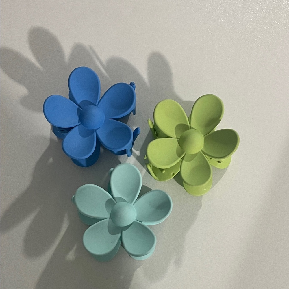 Set of Three Flower Hair Clips in Blue and Green